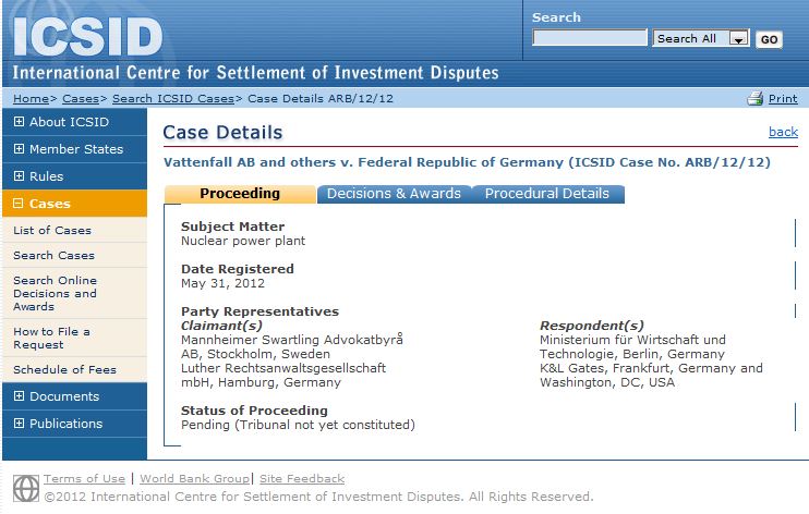 ICSID-Webseite: Einzige Informationsquelle zur Vattenfall-Klage für Abgeordnete ICSID-Webseite: Einzige Informationsquelle zur Vattenfall-Klage für Abgeordnete
